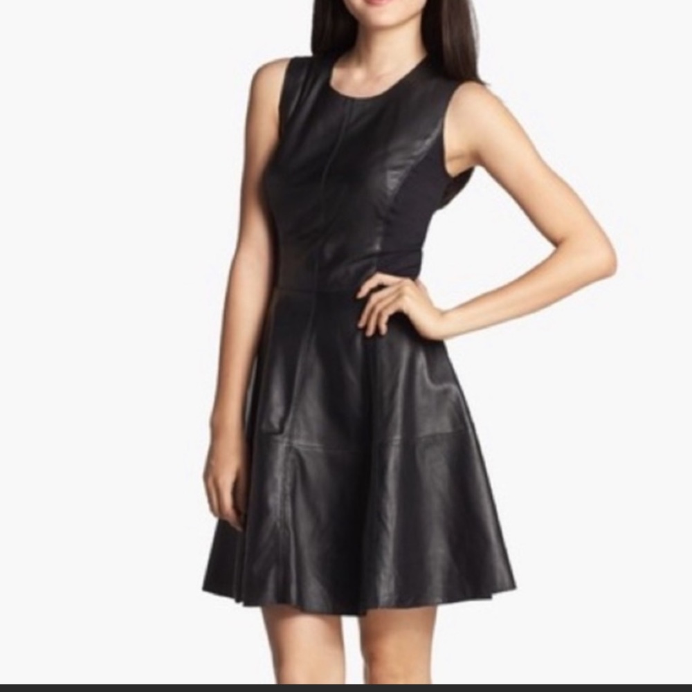Halogen Fit and Flare Leather Dress